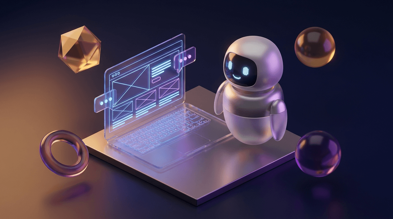 3D illustration of an AI assistant working on a website on a laptop